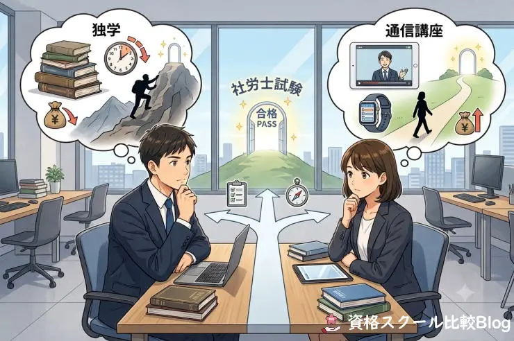 社労士試験を独学か通信講座で迷っている男女